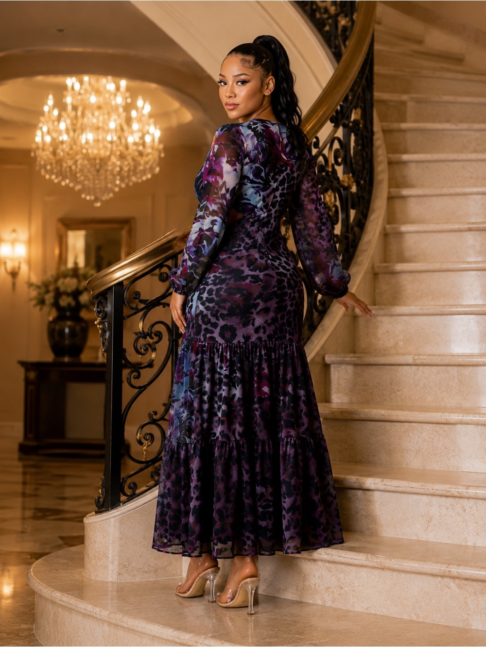 Floral Animal Print Long Sleeve V Neck Cut Out Maxi Dress - Picture 5 of 12